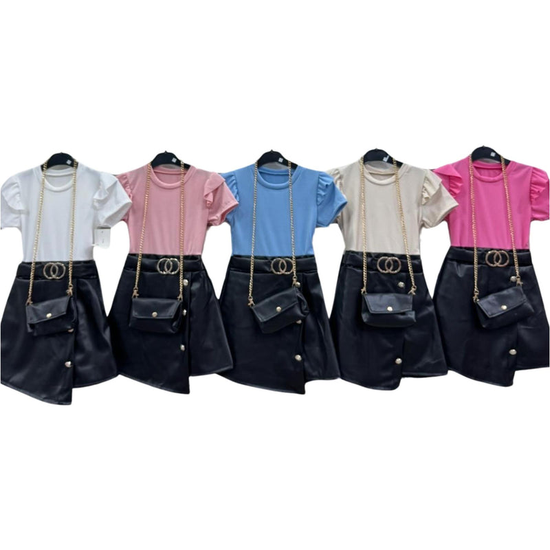 Girls Short Sleeve Faux Leather Skirt Style Dress With Bag 8877