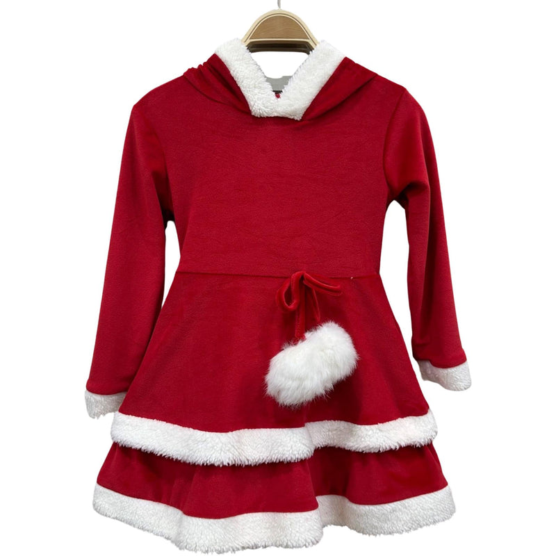 Girls Red Pom Pom Detail Xmas Dress