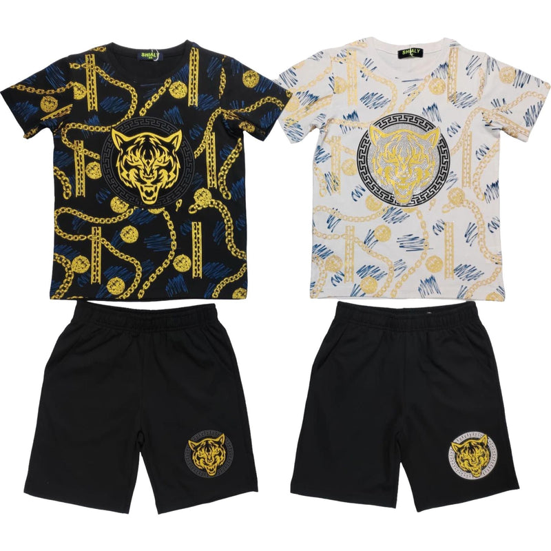 Boys Diamante Tiger Print T-Shirt And Short Set F003