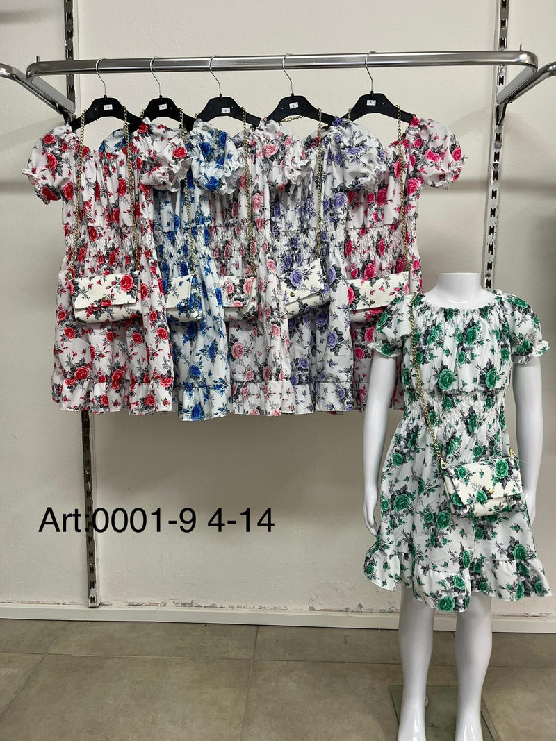 Girls Flower Print Dress With Matching Bag 0001-9