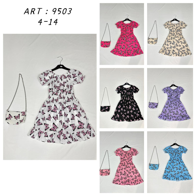 Girls Butterfly Print Dress With Matching Bag 9503