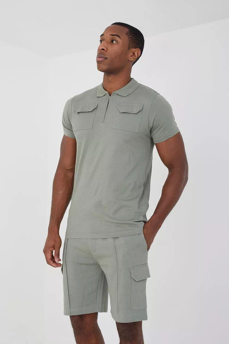 Mens Brave Soul Quarter Zip Polo Shirt And Short Set