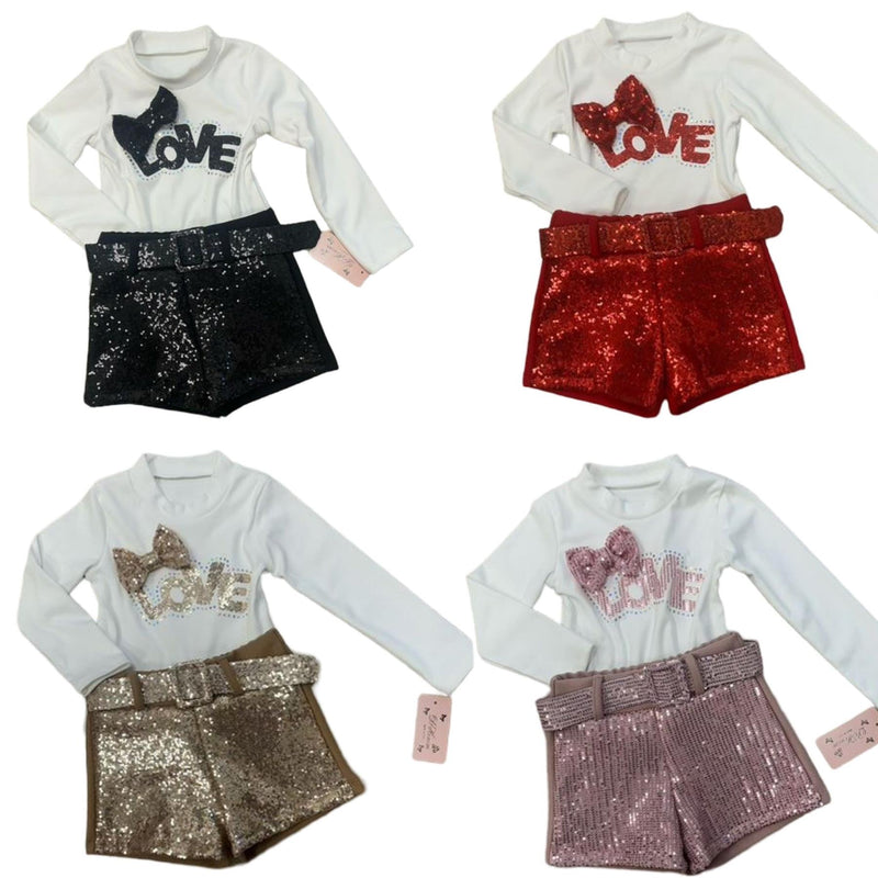 TTC ELLIE Sparkle Love Top And Shorts Set With Bow Detailing