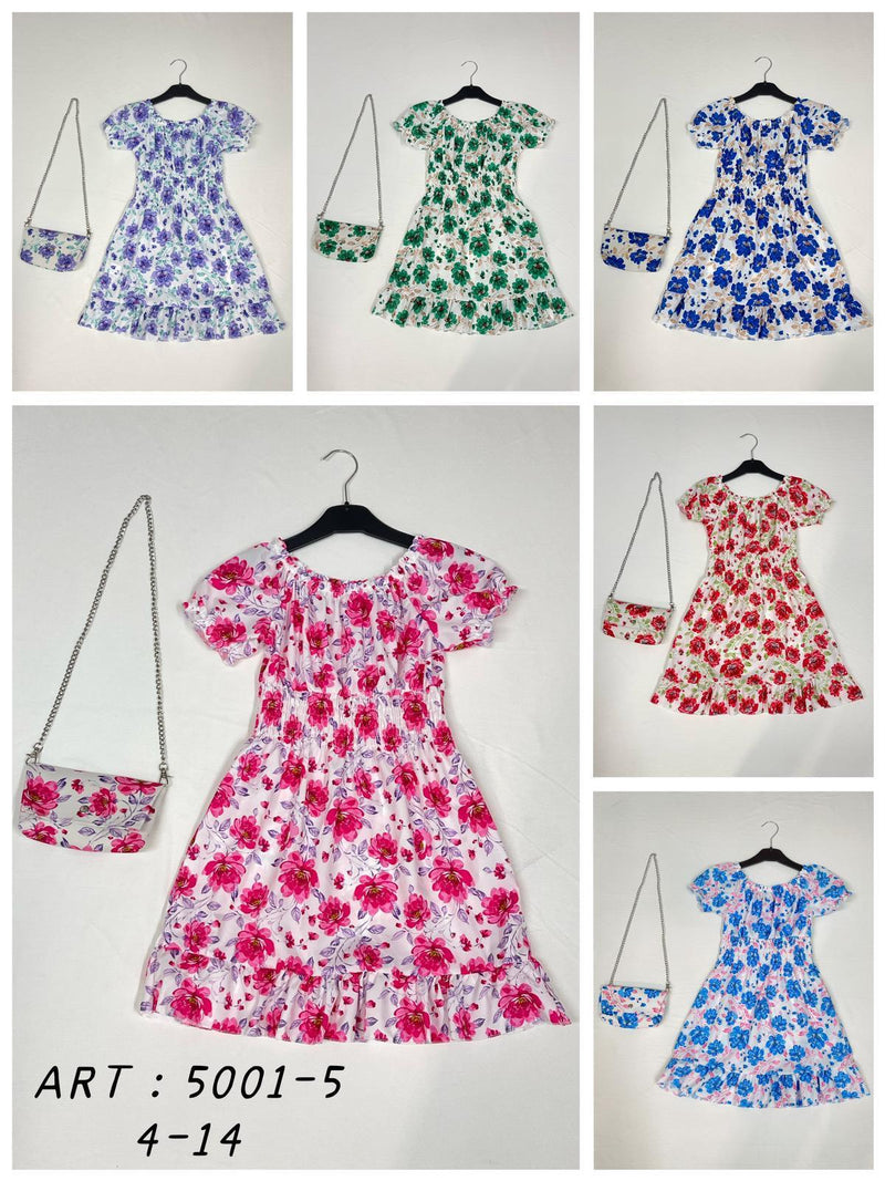 Girls Flower Print Dress With Matching Bag 5001-5