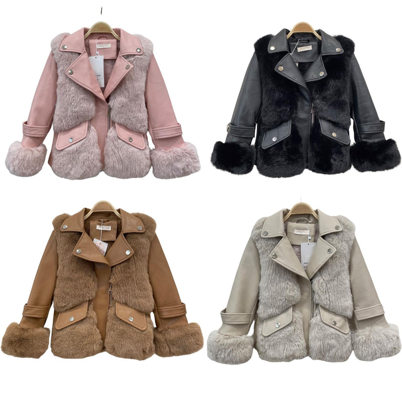 Girls Faux Fur Biker Jacket Fleece Lined V287