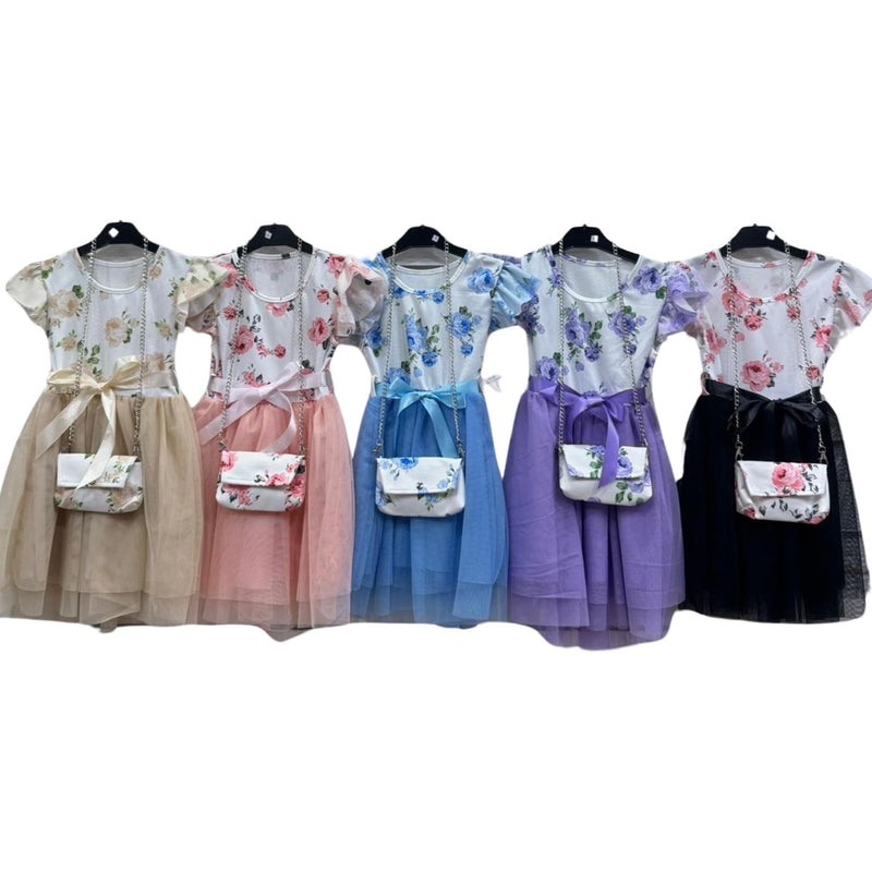 Girls Short Sleeve Flower Print Dress With Matching Bag 8798