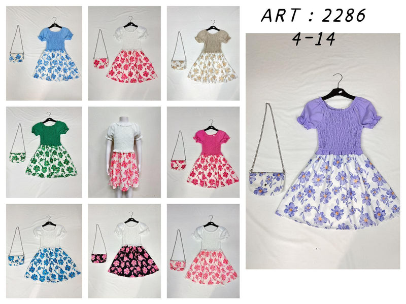 Girls Half Flower Print Dress With Matching Bag 2286