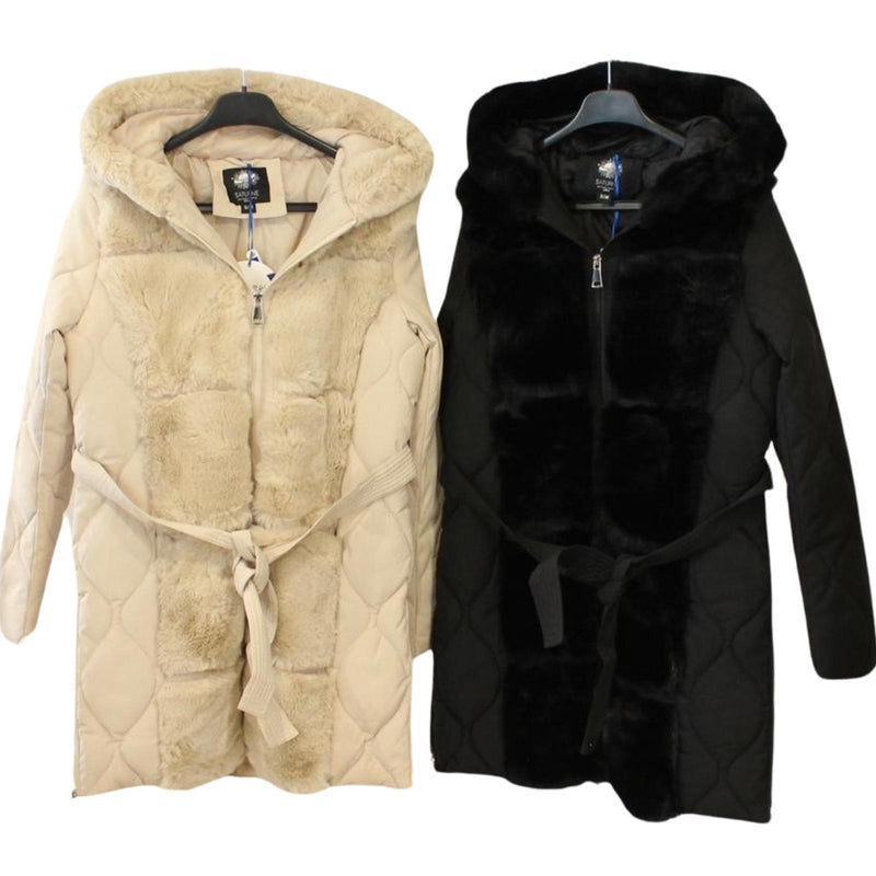 Ladies Long Padded Coat Faux Fur Trim AL290