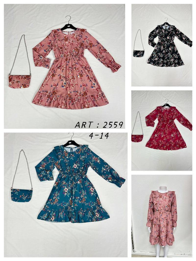 Girls Long Sleeve Flower Print Dress With Matching Bag 2559