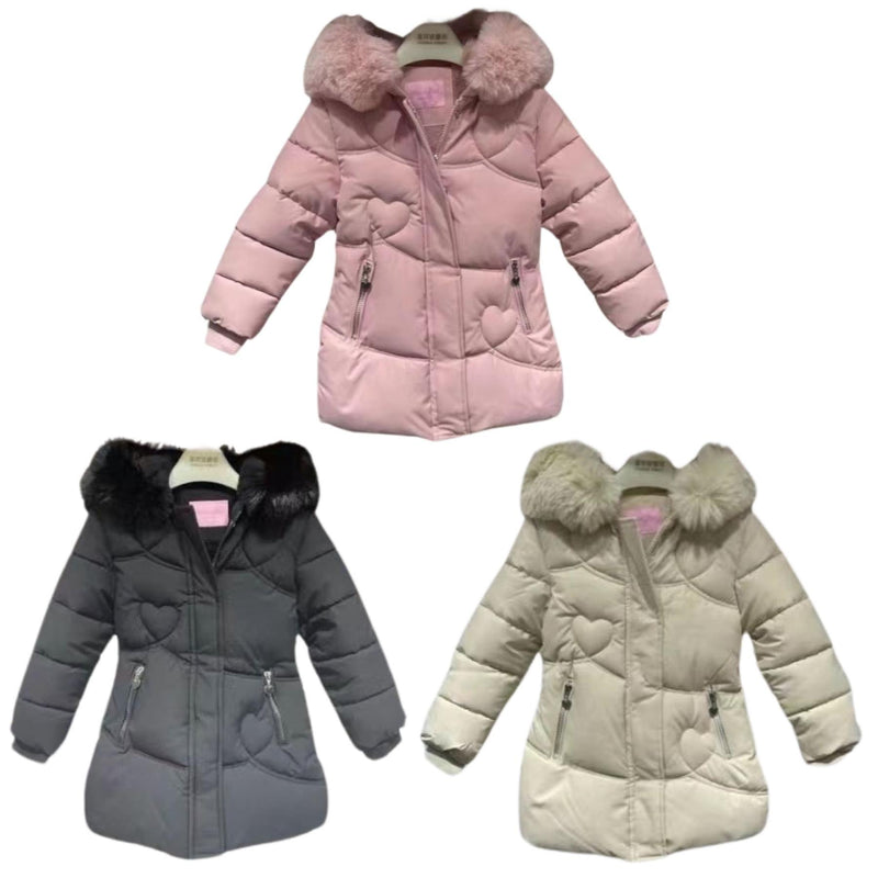 Girls Padded Faux Fur Hooded Coat Fleece Lined Z6003