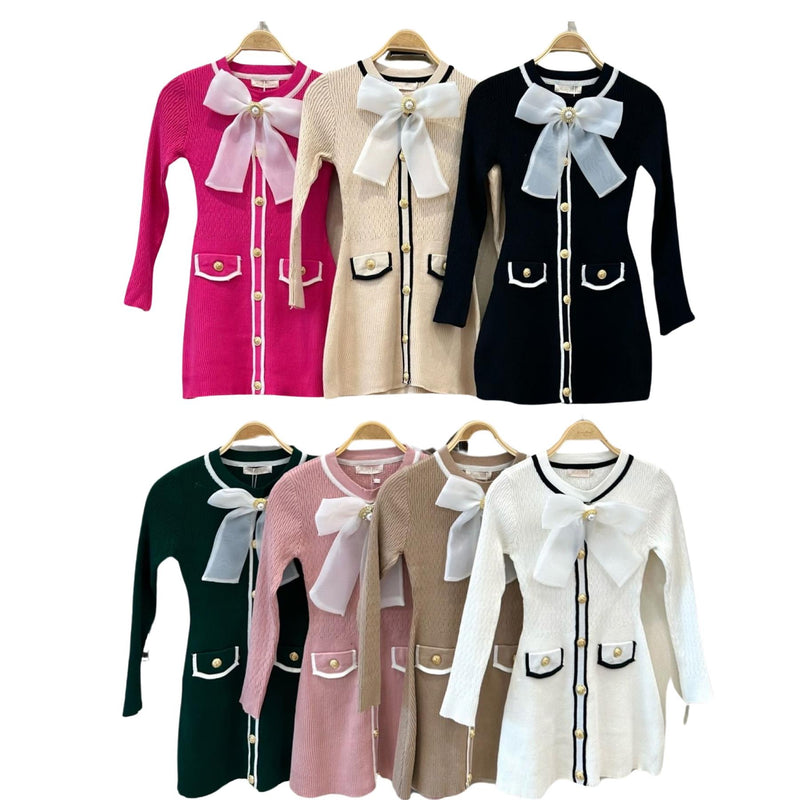 Girls Long Sleeve Bow Detail Thick Dress P129