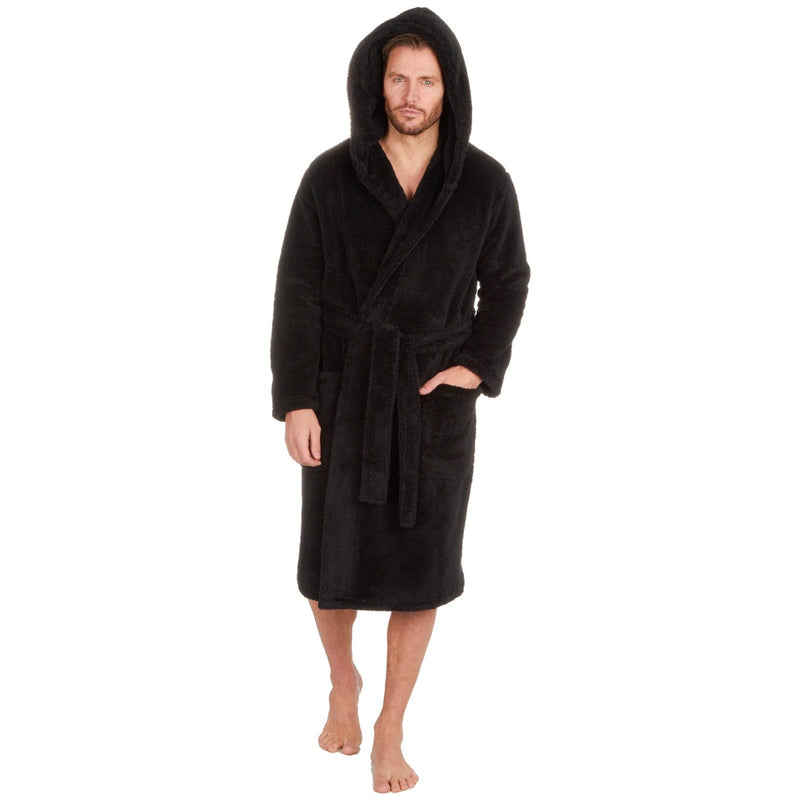 Mens Black Dressing Gown Robe Fleece Warm