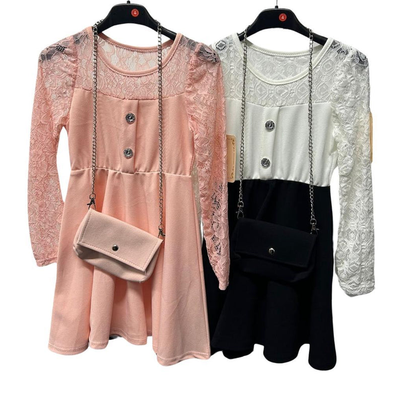 Girls Long Net Sleeve Dress With Matching Bag 836