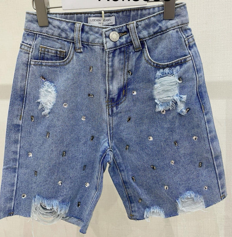 TTC LEAH Girls Crystal And Rip Detail Denim Shorts