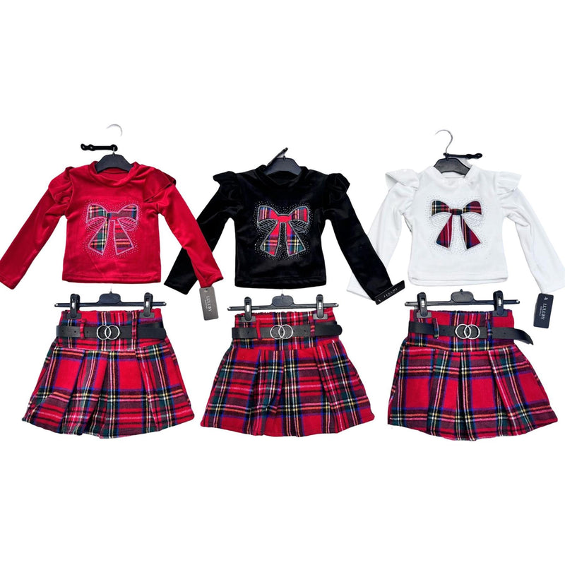 TTC MILLIE-ROSE Tartan Top And Skirt Set Velour Top With Bow Detailing