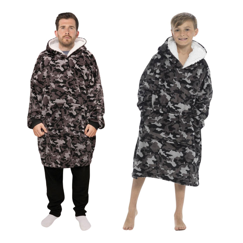 Kids And Adults Grey Camo Oversized Hoodie Fleece