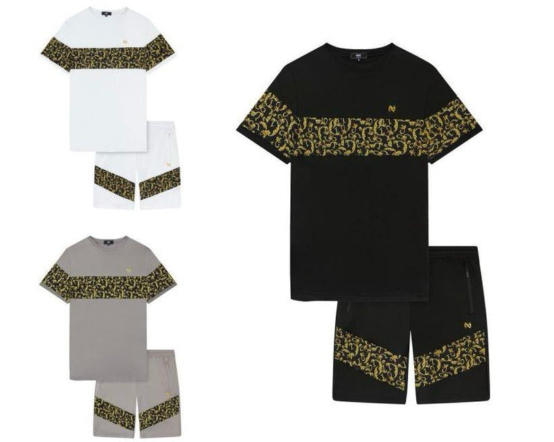 Mens Gold Print T-Shirt And Short Set Zip Pockets Robert