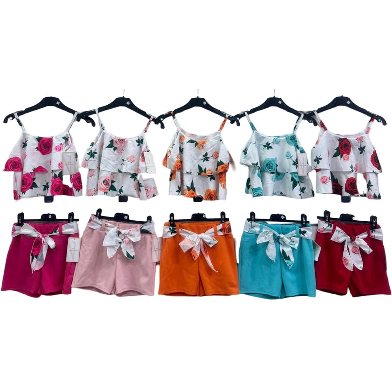 Girls Flower Print Strappy Top And Shorts Set 5429