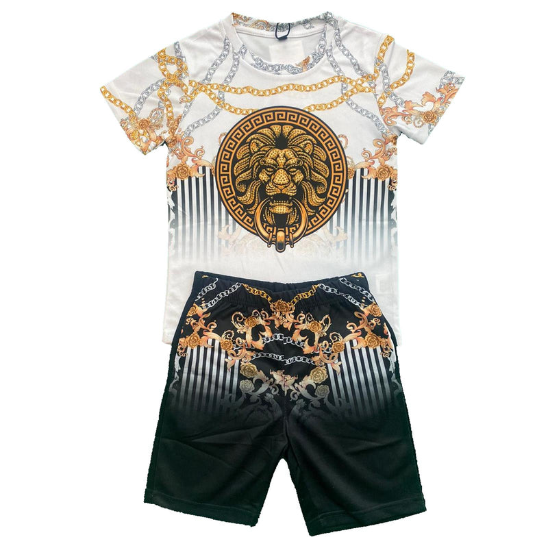 Boys Kids T-Shirt Shorts Set Baroque Chain Lion Print Fashion Summer Top Outfit 569