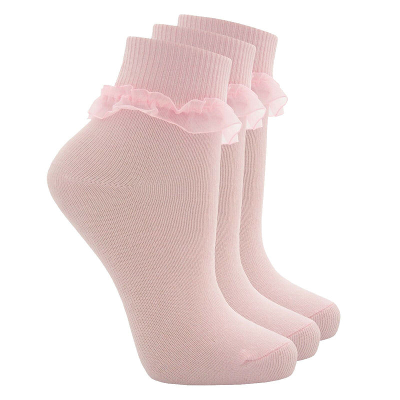 Girls Kids Socks Frilly Ankle Cotton Rich White Pink School Soft 3 Pack