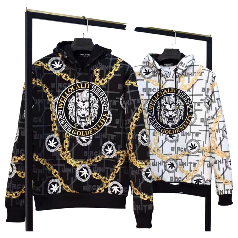 Mens Lion Print Chain Hoodie W-2601