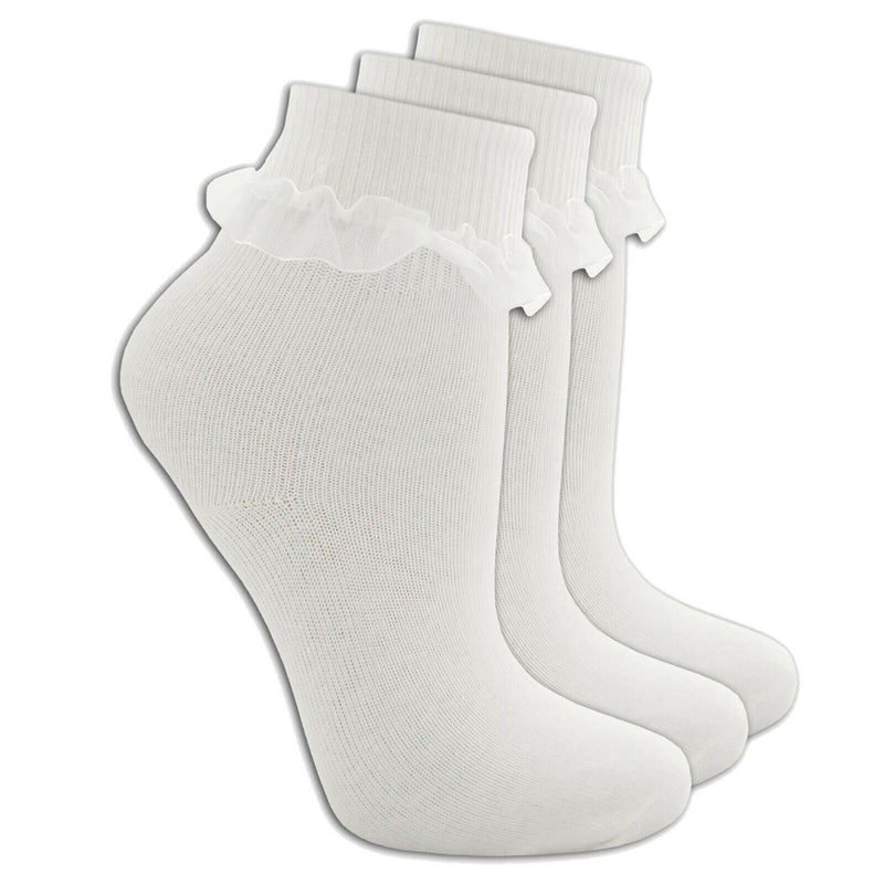 Girls Kids Socks Frilly Ankle Cotton Rich White Pink School Soft 3 Pack