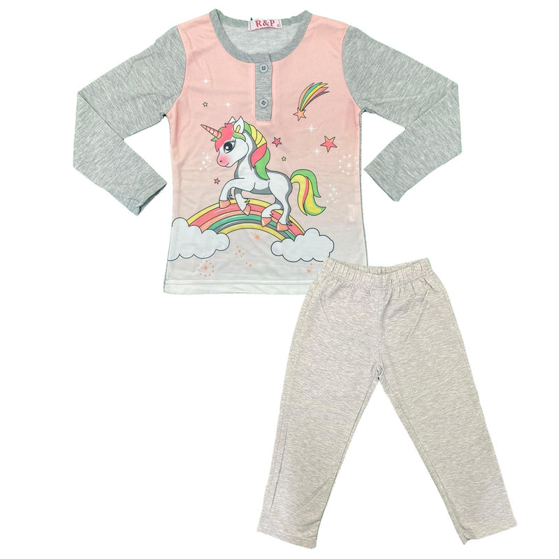 Girls Pyjamas PJs Long Sleeve Nightwear Top Bottom Set Kids Unicorn Cotton