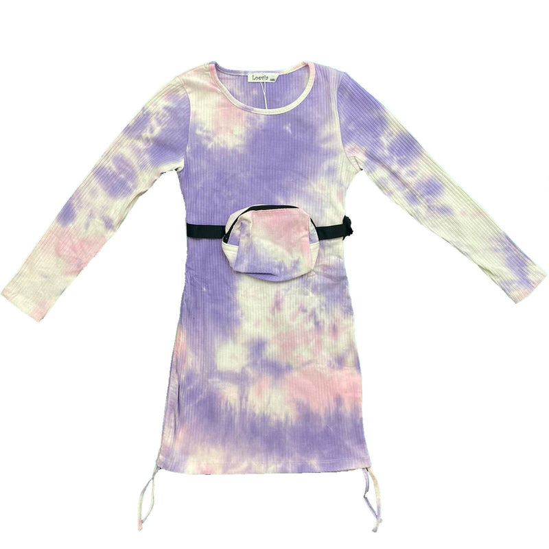 Girls Kids Tie Dye Long Sleeve Dress Bum Bag Pastel Rainbow Cotton.