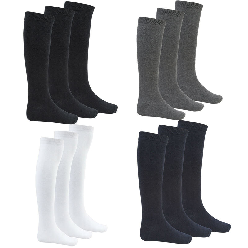 Girls Kids Plain Knee High Socks School Cotton Rich Long Children 3 Pack