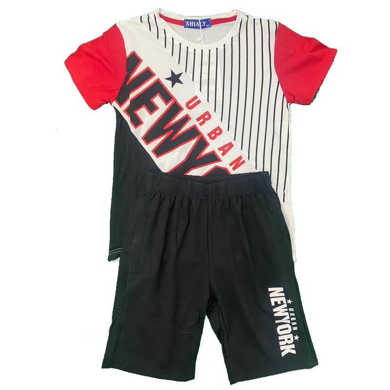 Boys T-Shirt Shorts Set Kids New York Sports Summer Gym PE Stripe Panel