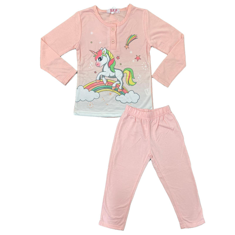 Girls Pyjamas PJs Long Sleeve Nightwear Top Bottom Set Kids Unicorn Cotton