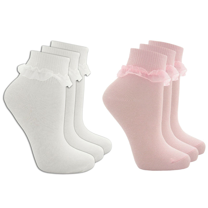 Girls Kids Socks Frilly Ankle Cotton Rich White Pink School Soft 3 Pack