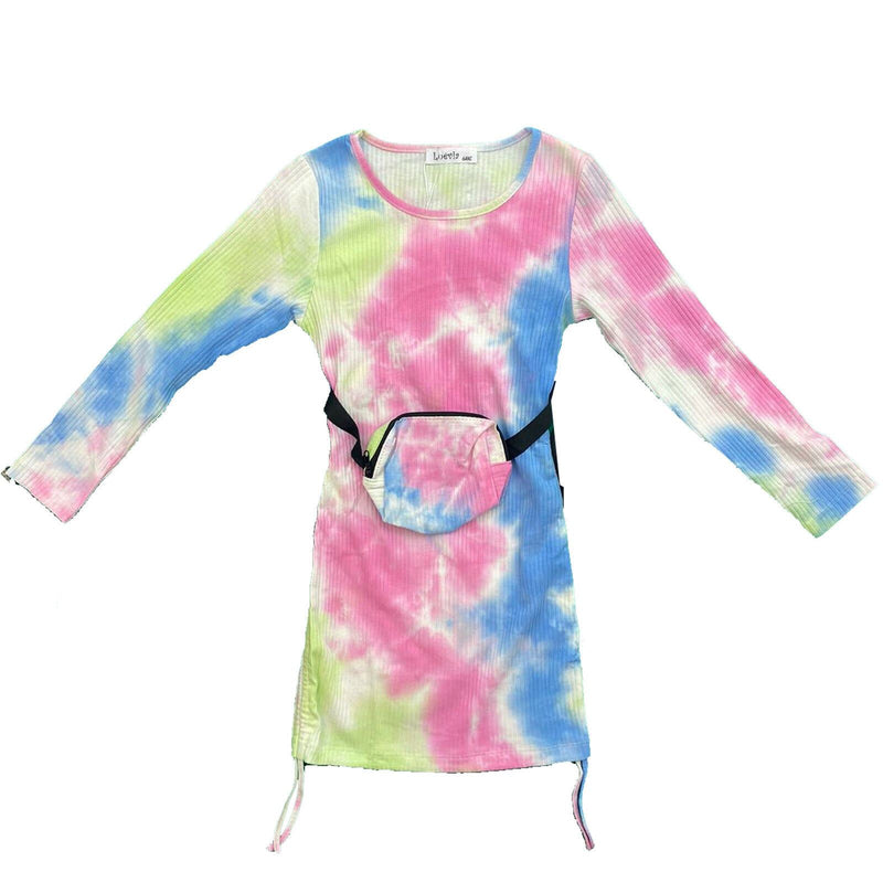 Girls Kids Tie Dye Long Sleeve Dress Bum Bag Pastel Rainbow Cotton.