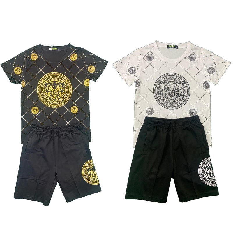 Boys T-Shirt Shorts Set Tiger Print Diamante Set Outfit Kids Summer Top Outfit