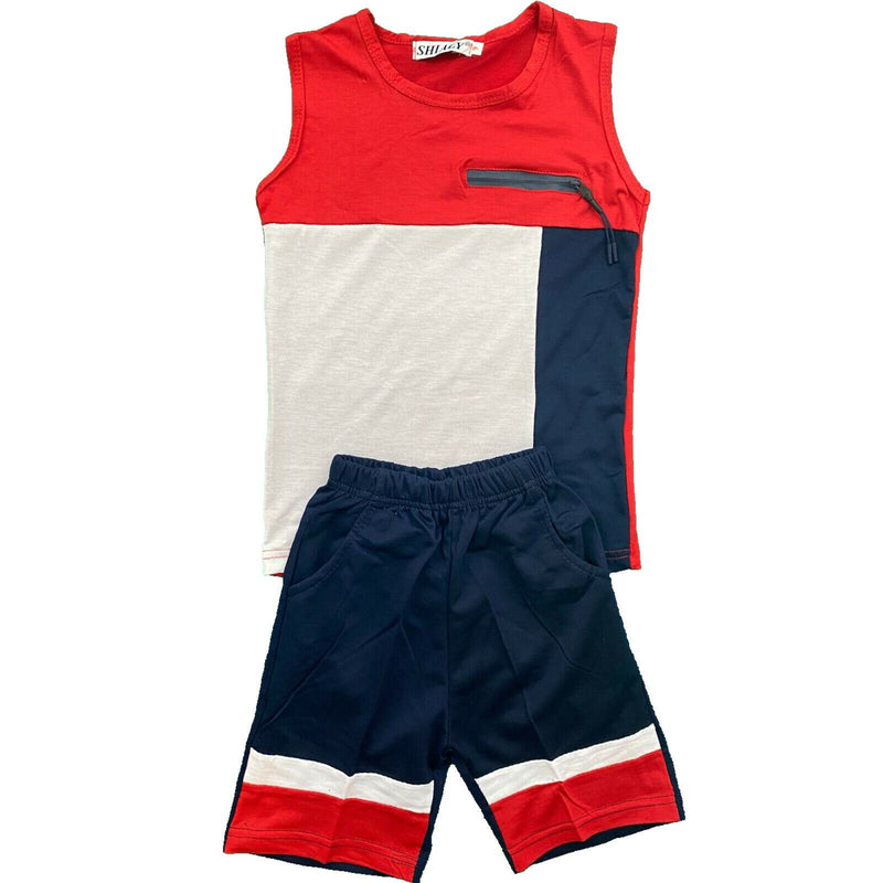 Boys Kids Vest T-Shirt Shorts Set Panel Fashion Summer Top Short Outfit.