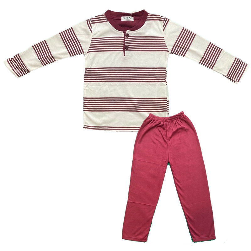 Kids Boys Girls Pyjamas Long Sleeve Top Bottom Set Stripe Winter Warm Fleece.