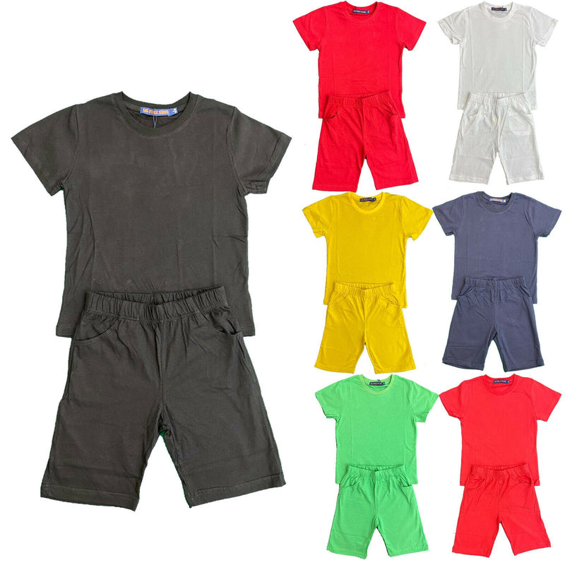 Boys Girls Kids T-Shirt Shorts Set Plain Cotton PE School Sports Summer Top Gym.