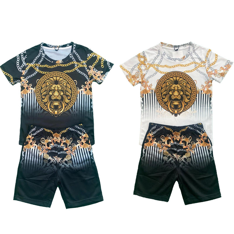 Boys Kids T-Shirt Shorts Set Baroque Chain Lion Print Fashion Summer Top Outfit 569