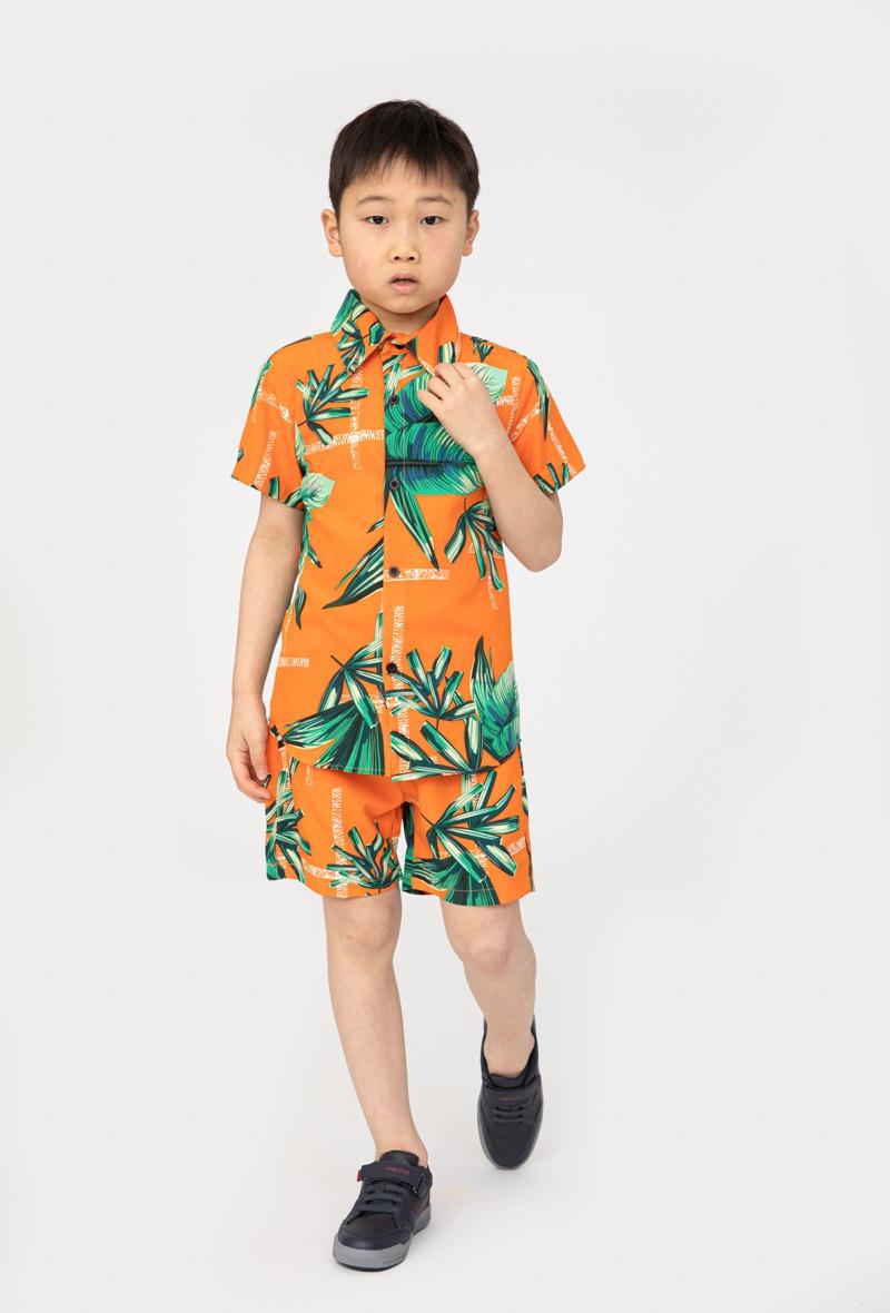 Boys Shirt Swim Shorts Set Outfit Leaf Print Kids Short Sleeve Co-ord Summer