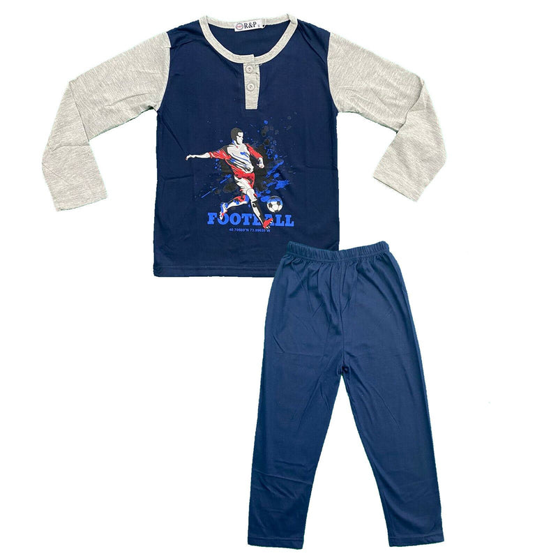 Boys Kids Pyjamas Long Sleeve Top Bottom Set Nightwear Football Cotton Sleepwear