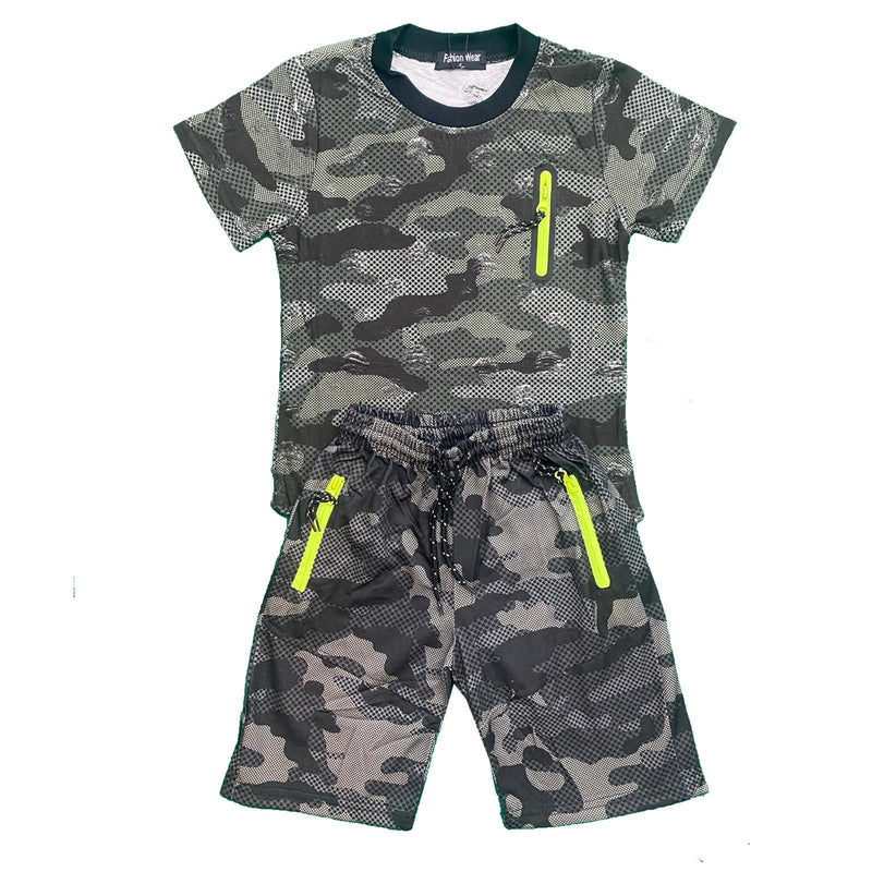 Boys Kids Camo Camouflage T-Shirt Shorts Set Sports Cotton Army Summer Gym PE.