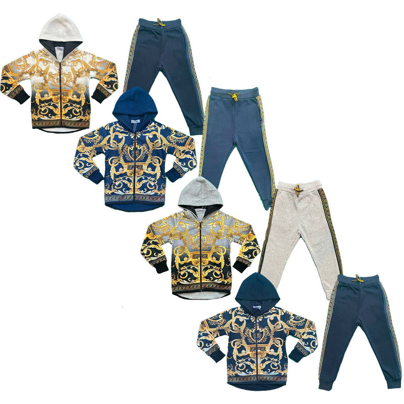 Boys Kids Baroque Print Tracksuit Jacket Joggers Jogging Bottoms Winter Fleece.