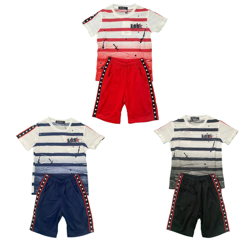 Boys T-Shirt Shorts Set Kids Two Tone Sports Summer Gym PE Stripe Stars