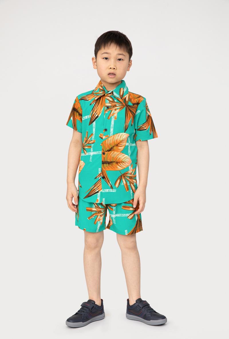 Boys Shirt Swim Shorts Set Outfit Leaf Print Kids Short Sleeve Co-ord Summer