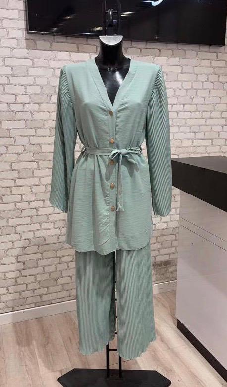 Ladies 2 Piece Button Up Belted Top & Bottom Set