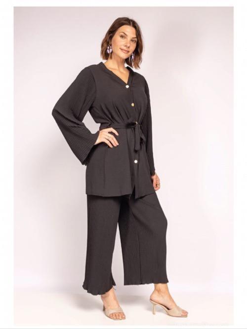 Ladies 2 Piece Button Up Belted Top & Bottom Set