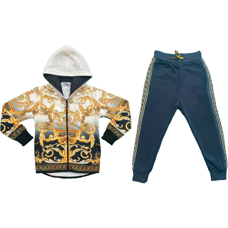 Boys Kids Baroque Print Tracksuit Jacket Joggers Jogging Bottoms Winter Fleece.