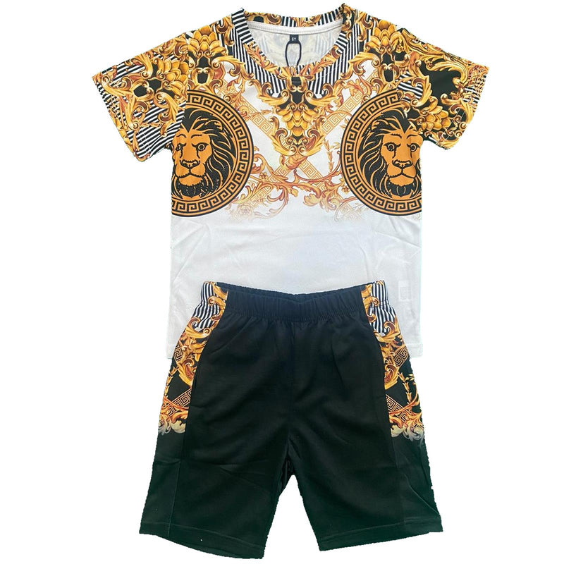 Boys Kids T-Shirt Shorts Set Baroque Chain Lion Print Fashion Summer Top Outfit Diamante