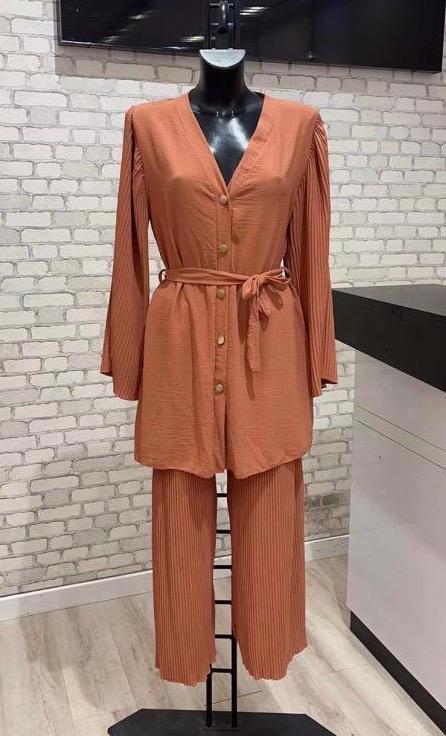 Ladies 2 Piece Button Up Belted Top & Bottom Set