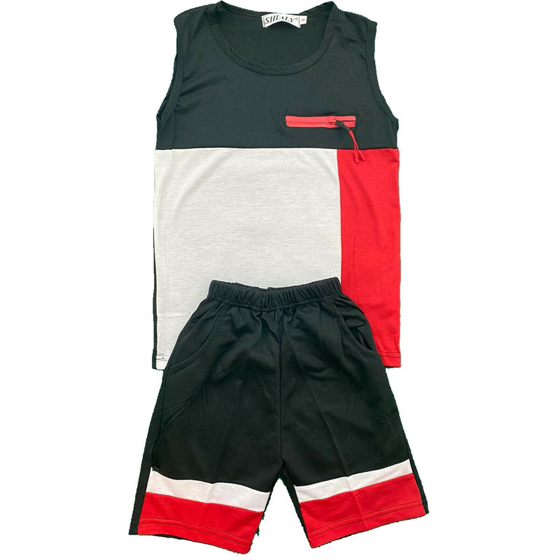 Boys Kids Vest T-Shirt Shorts Set Panel Fashion Summer Top Short Outfit.